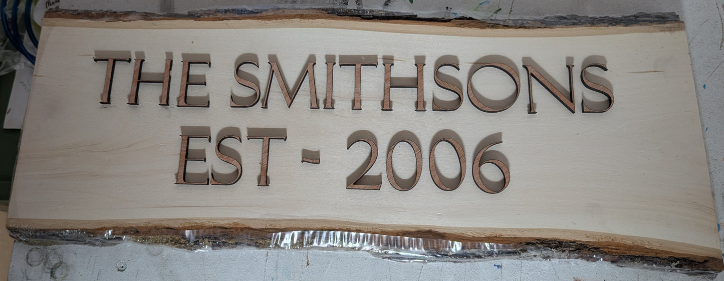 Custom Live Edge Wood Sign with Inlay - Personalized Family Name & Date