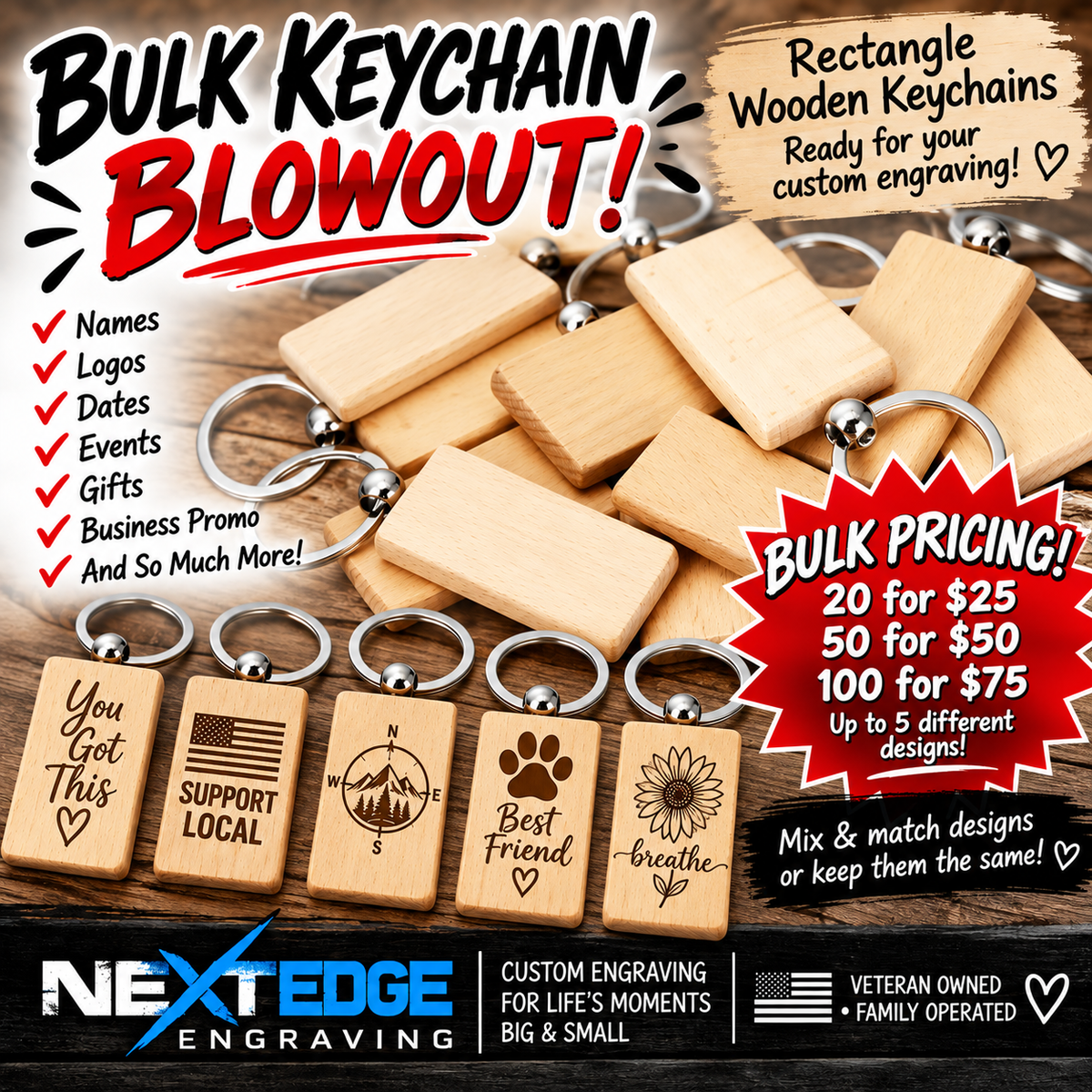 Swivel Wood Rectangle Keychain